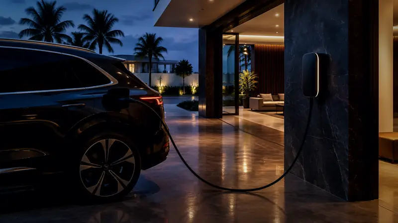 Artist's impression of a home charger connected to an electric SUV in a Lagos villa garage